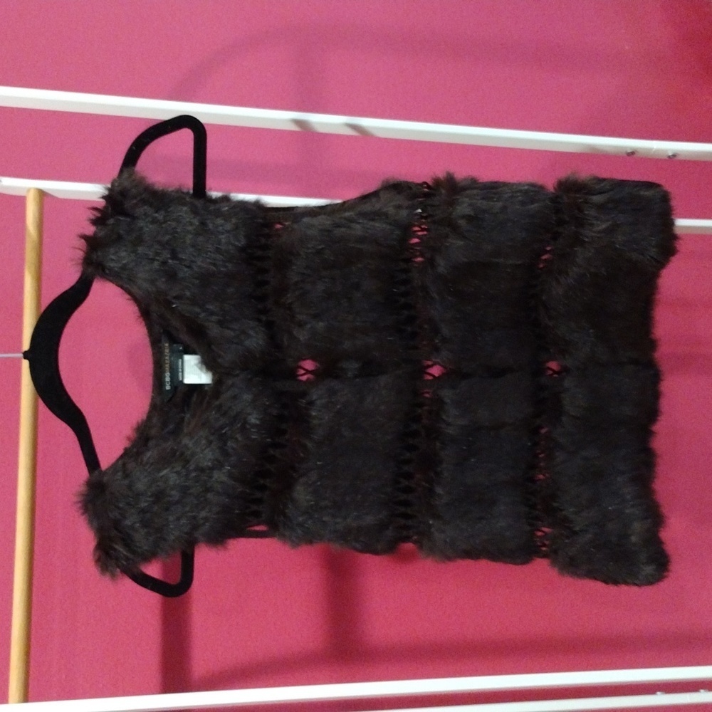 BCBG Max Azria Black Genuine Rabbit Fur Vest Gilet Sleeveless Jacket Size L
